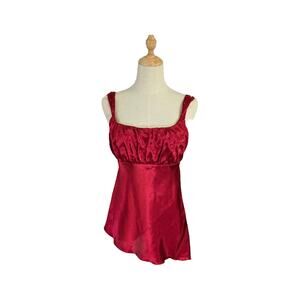 Vtg Y2K Red Silky Satin Empire Asymmetrical Baby Doll Tank Top Holiday M EUC